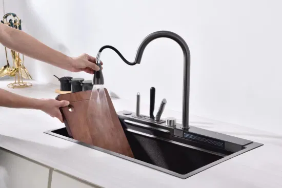 Neue Design-Stile, Wasserfall-Wasserhahn- und Spülbecken-Sets, berührungslose Sensor-Digitalanzeige, Küchenspüle-Wasserhähne